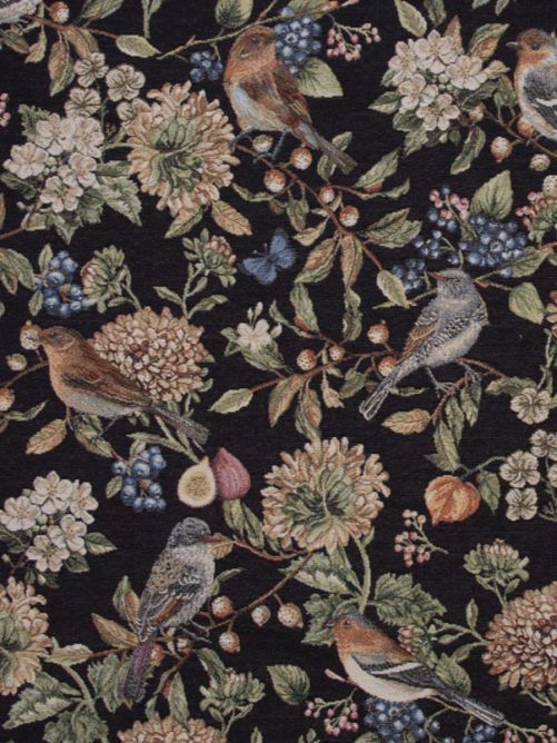 Gobelin stof Mussen en fruit zwart