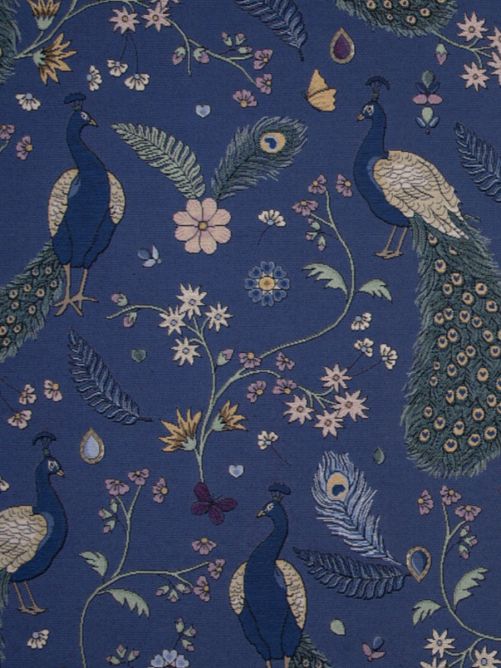 Gobelin stof Pauwen en bloemen blauw